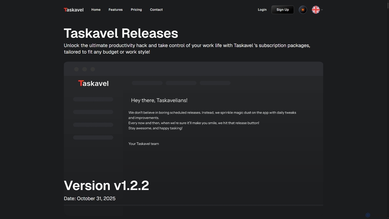 Taskavel Release notes for the application. - Taskavel-Missing Task and Planning Management for Taskavel
