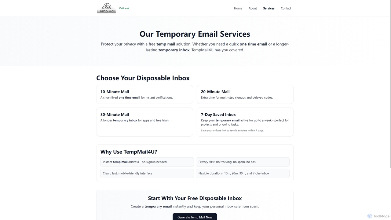 Temporary Email Services - Disposable Inboxes, Custom Aliases, OTP Support for TempMail4U