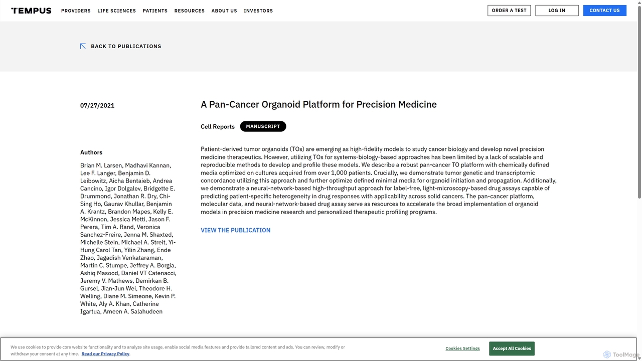 A Pan-Cancer Organoid Platform for Precision Medicine - Tempus for Tempus
