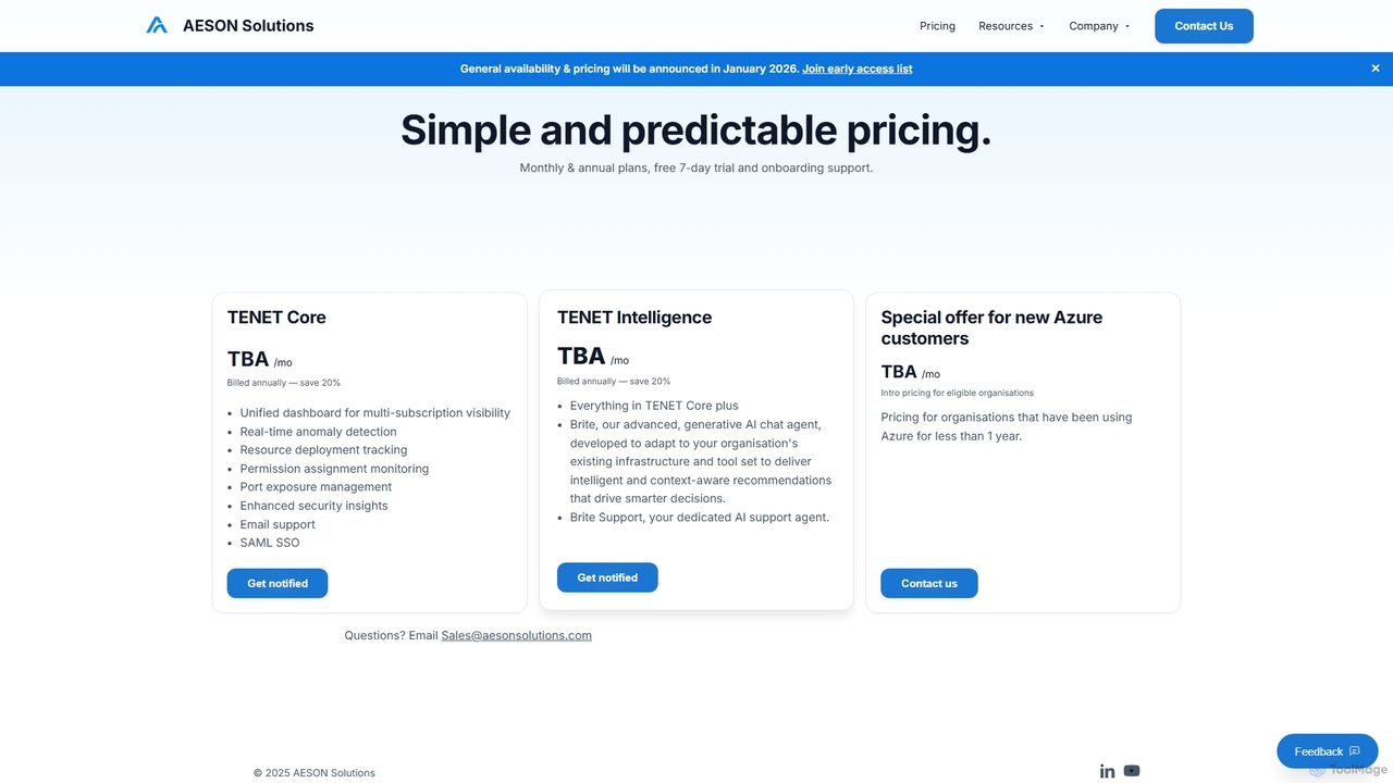 TENET Pricing - Azure Cloud Management Plans | AESON Solutions | AESON Solutions for TENET