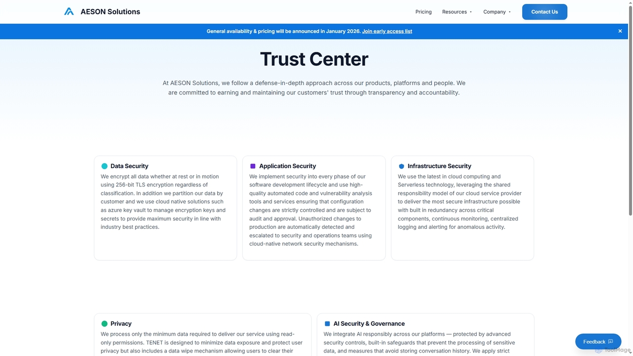 Trust Center - Security & Privacy | TENET by AESON Solutions | AESON Solutions for TENET