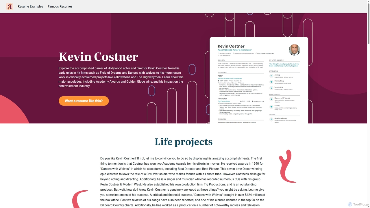Kevin Costner’s Resume Example - ChatGPT Famous Resumes for This Resume Does Not Exist