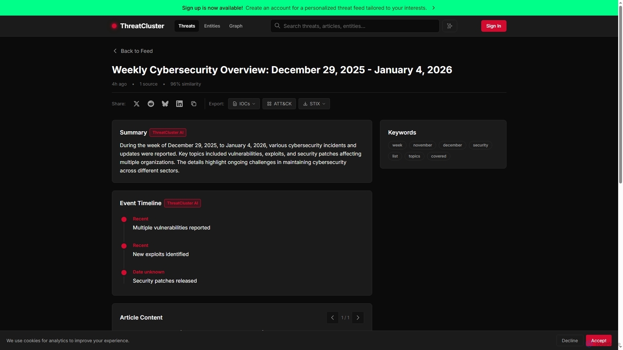 Weekly Cybersecurity Overview: December 29, 2025 - January 4, 2026 - ThreatCluster for ThreatCluster