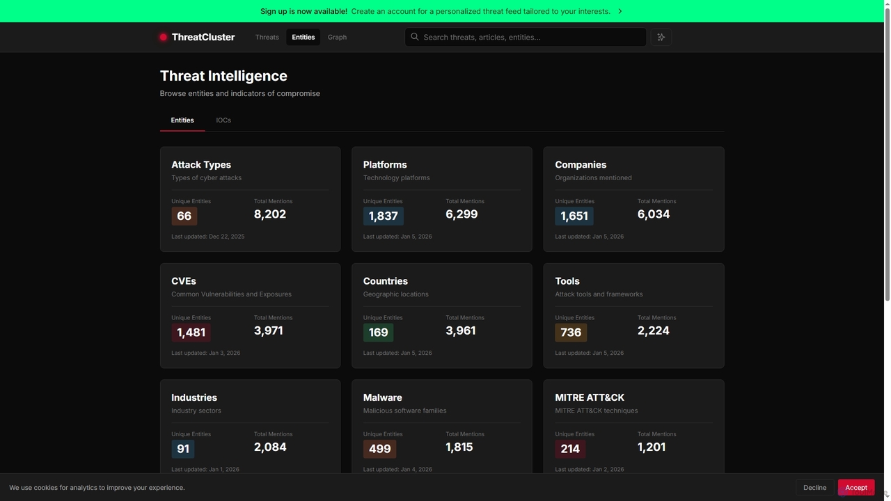 Entity Categories - ThreatCluster for ThreatCluster
