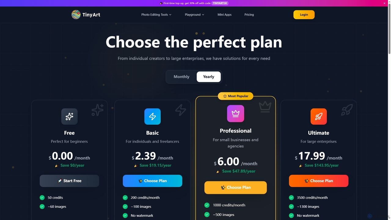 Pricing Plans - AI Image Generator & Photo Editor | TinyArt for TinyArt