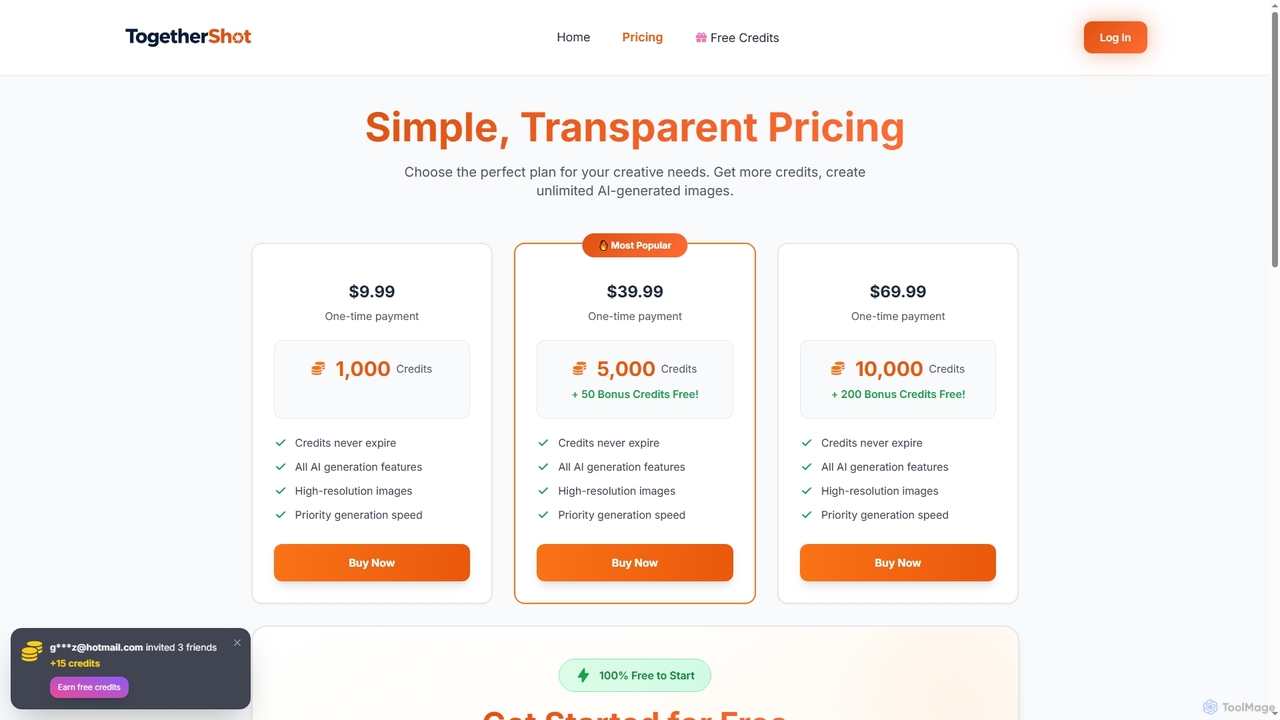 Pricing - AI Image Generation Credits | Affordable Pricing Plans for TogetherShot