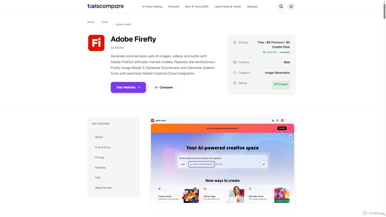 Adobe Firefly — Review, Pricing & Alternatives 2025 | Tools Compare - AI Tools Comparison & Reviews for Tools Compare