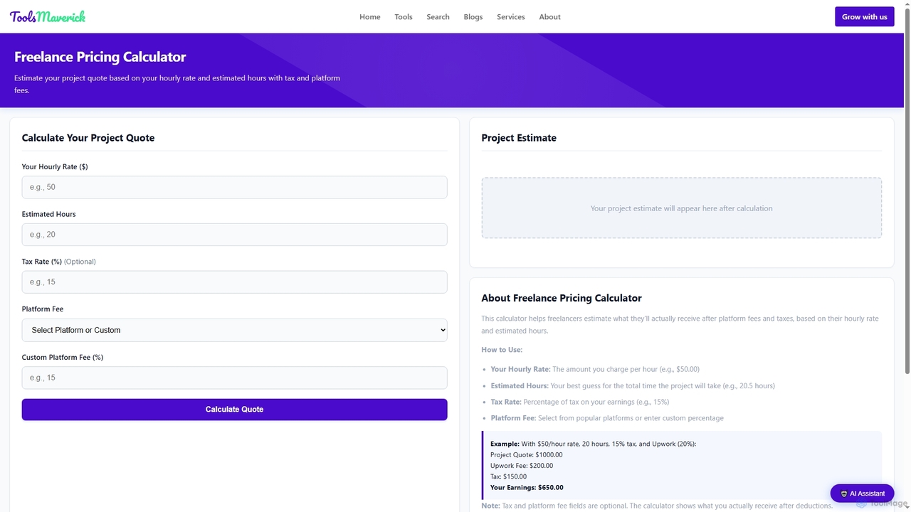 Freelance Pricing Calculator - Estimate Your Project Quote | ToolsMaverick for ToolsMaverick