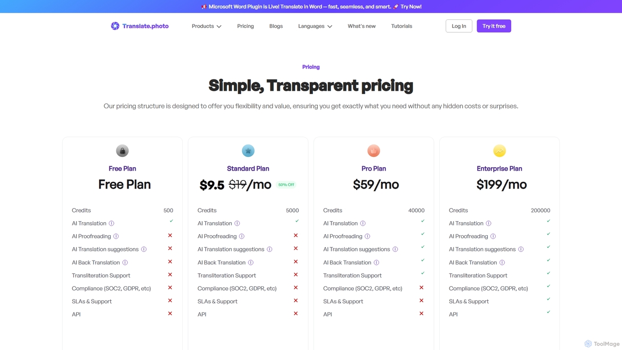 Pricing for Translate.Photo