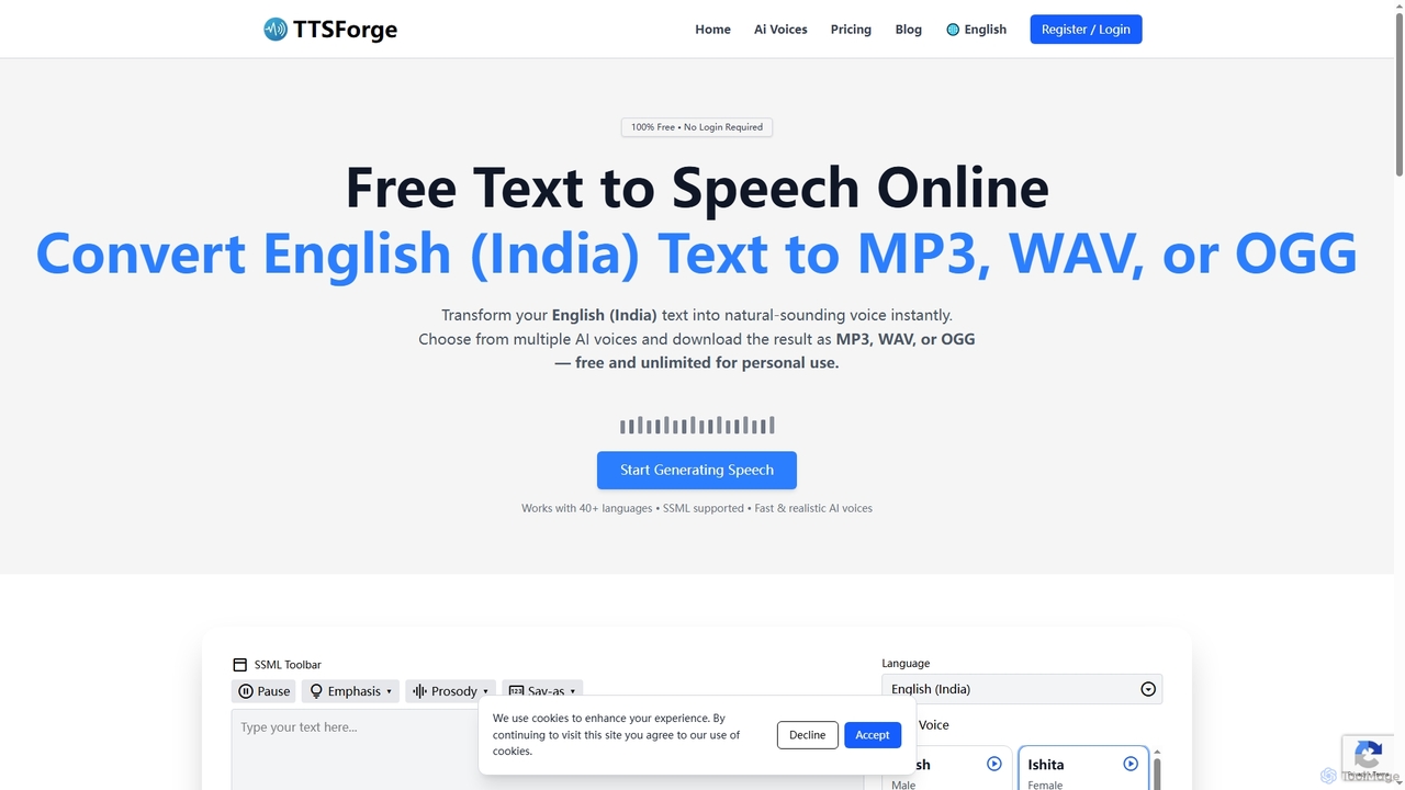 English (India) Text to Speech (TTS) Online | Free AI Voice Generator for TTSForge