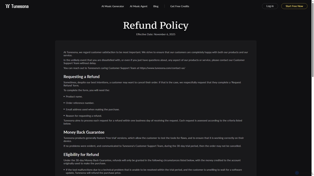 Tunesona Refund Policy for Tunesona