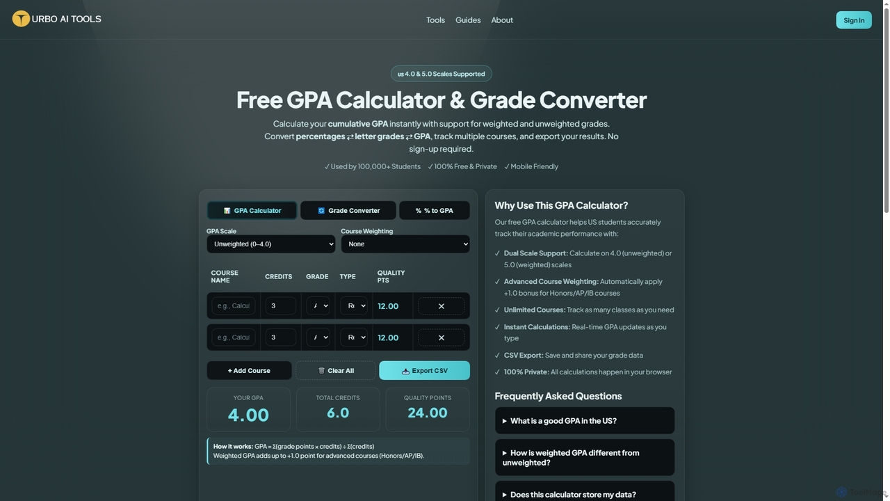Free GPA Calculator & Grade Converter 2025 | Calculate Your GPA Instantly for TurboAITools