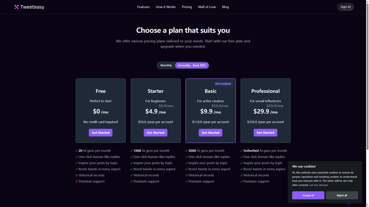 Plans & Pricing | Tweeteasy for tweeteasy