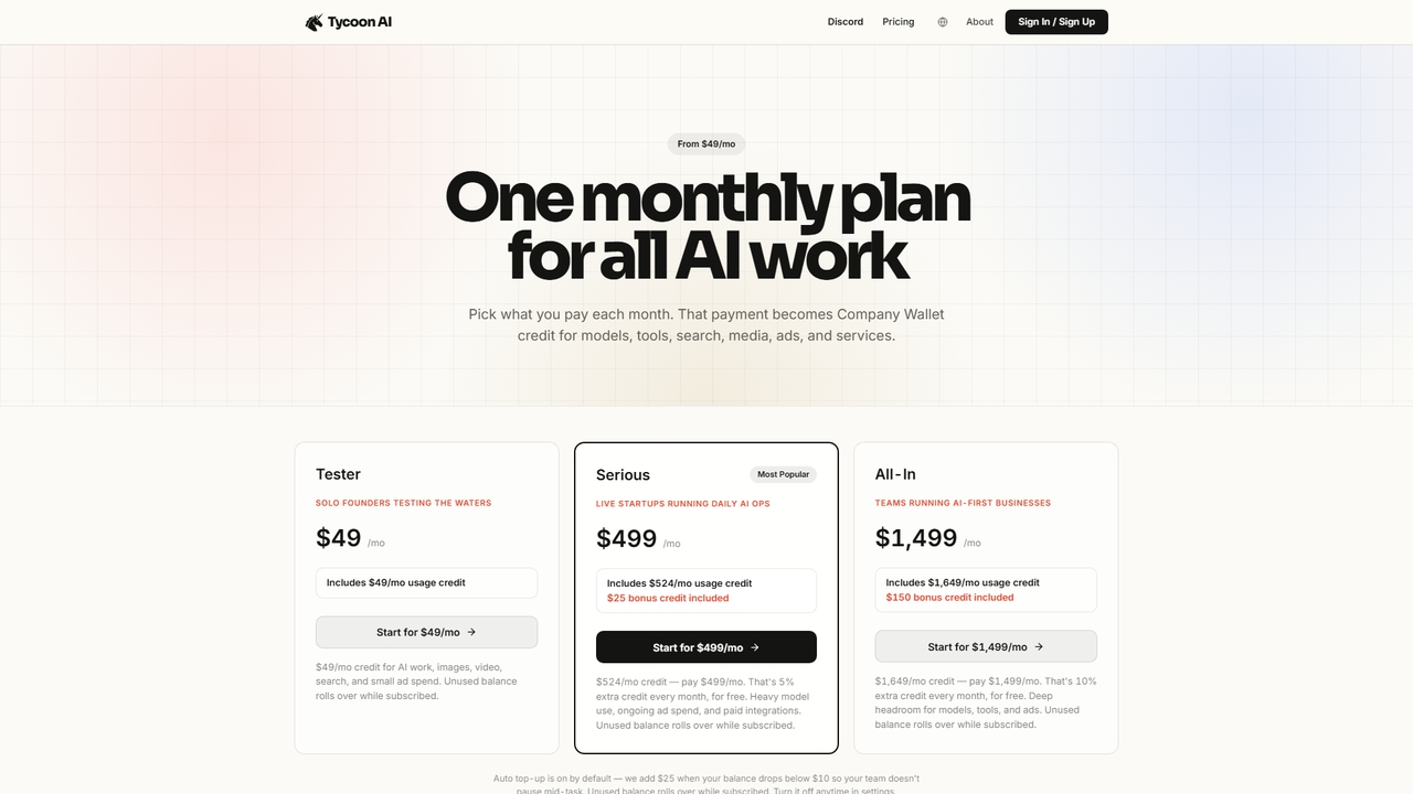 Tycoon Pricing · Monthly Plans from $49/mo for Tycoon