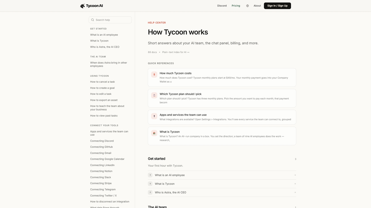 Help center for Tycoon