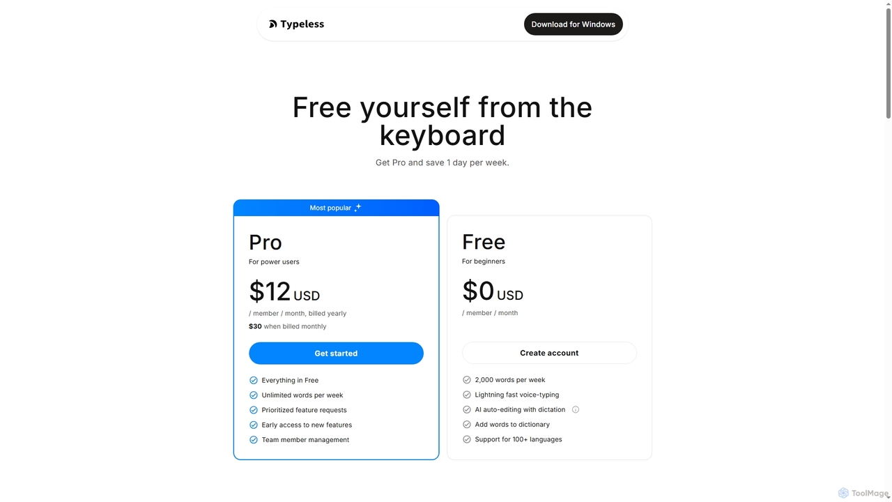 Pricing | AI Voice Dictation That's Actually Intelligent for Typeless