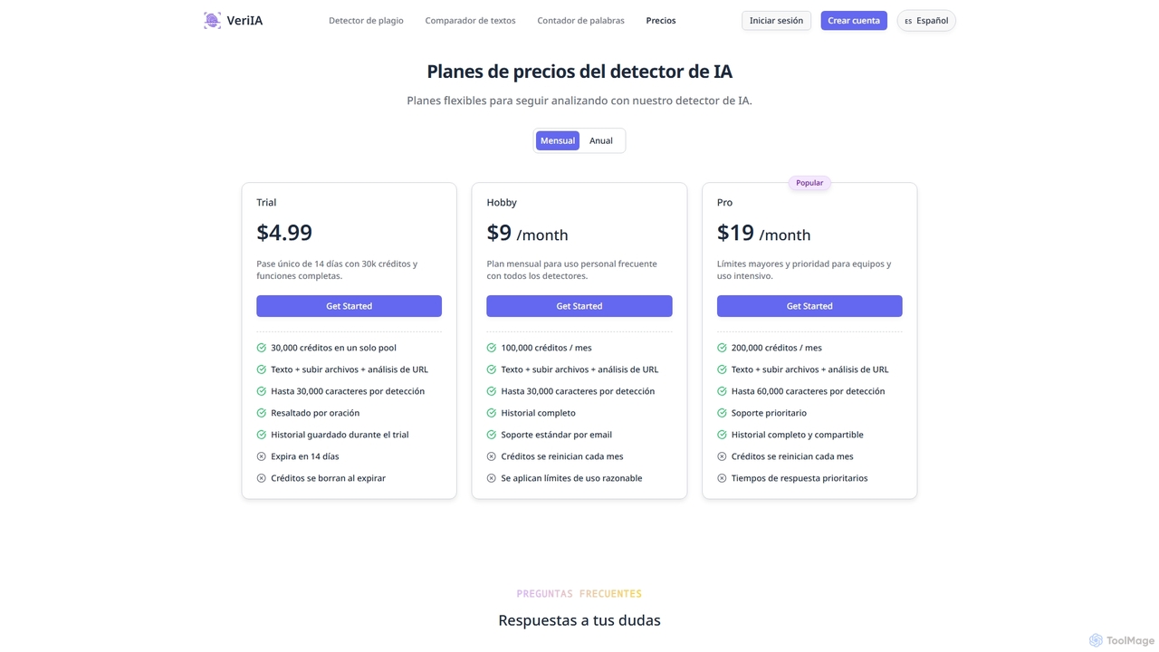 Planes de precios del detector de IA | VeriIA | Detector de IA para contenido profesional for VeriIA