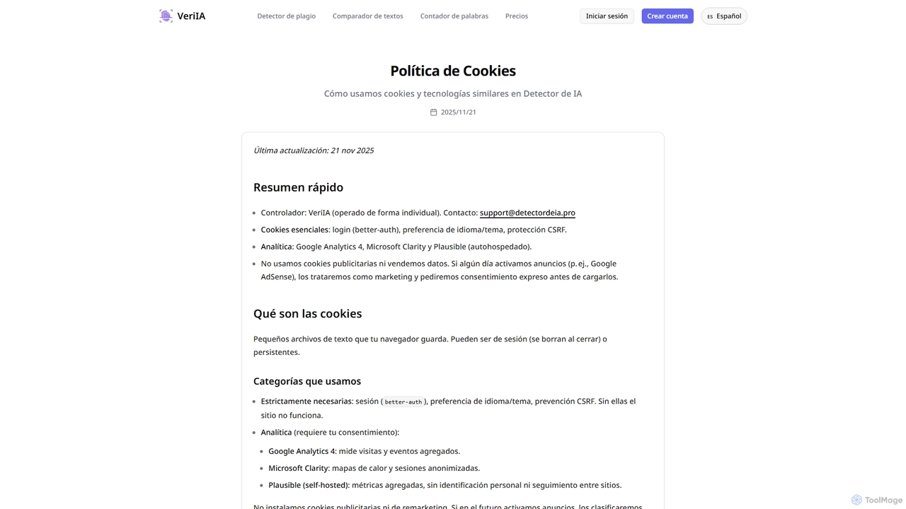 Política de Cookies | VeriIA | Detector de IA para contenido profesional for VeriIA