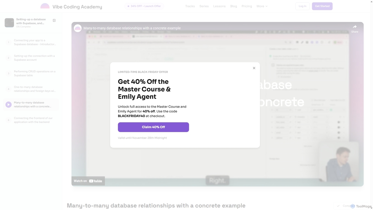 Many-to-many database relationships with a concrete example for Vibe Coding Academy