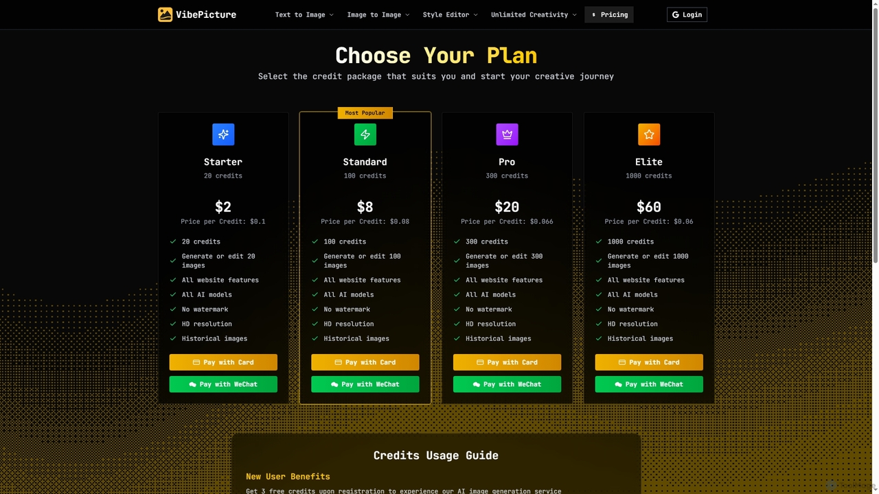 Pricing & Credits | Buy AI Image Credits - VibePicture for VibePicture