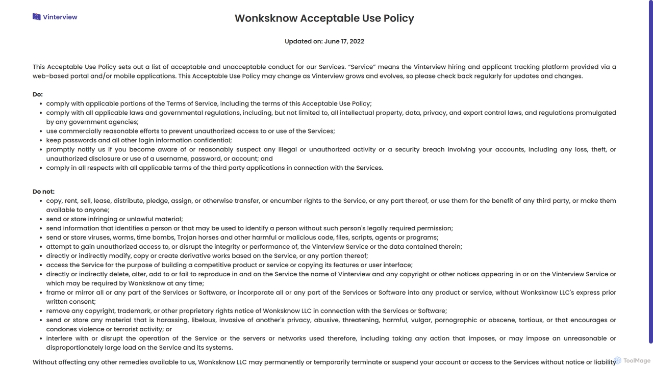 Wonksknow Acceptable Use Policy for Vinterview