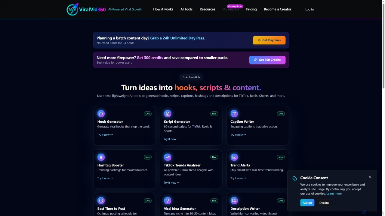 AI Tools Hub – Viral Content Tools for TikTok, Reels & Shorts for ViralVid360