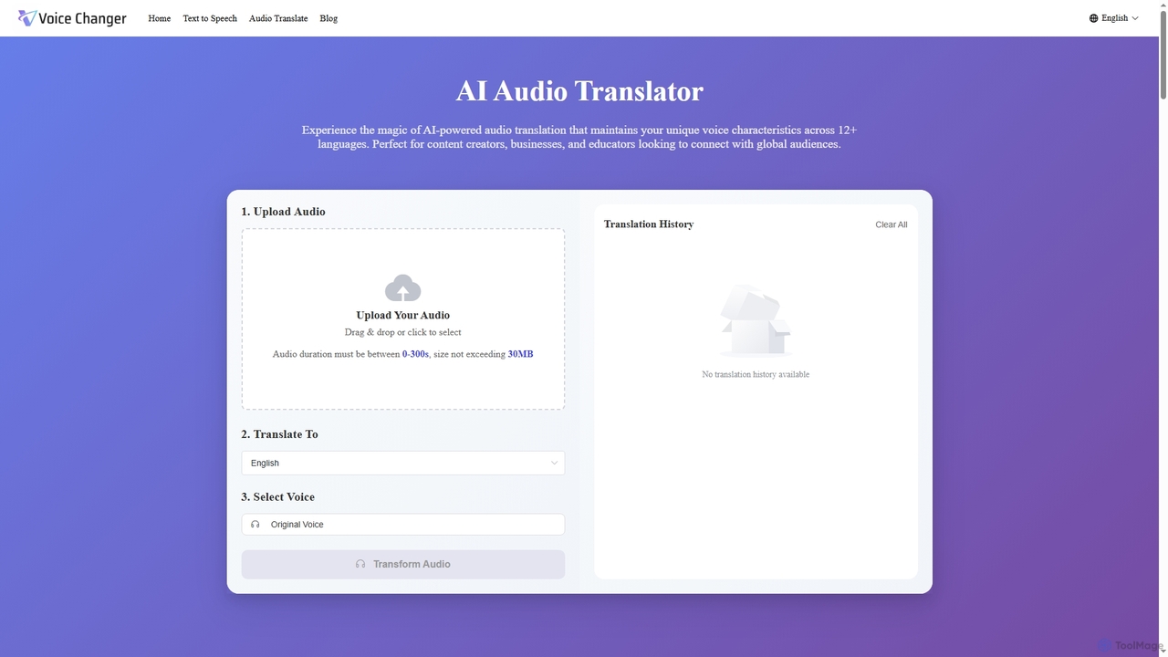 AI Audio Translate: 12+ langs, keep voice & feel, no signup for Voice Changer
