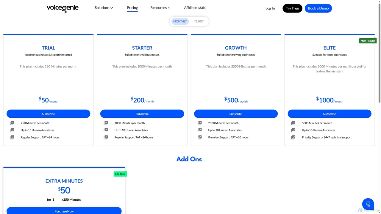 VoiceGenie.ai - Pricing for VoiceGenie