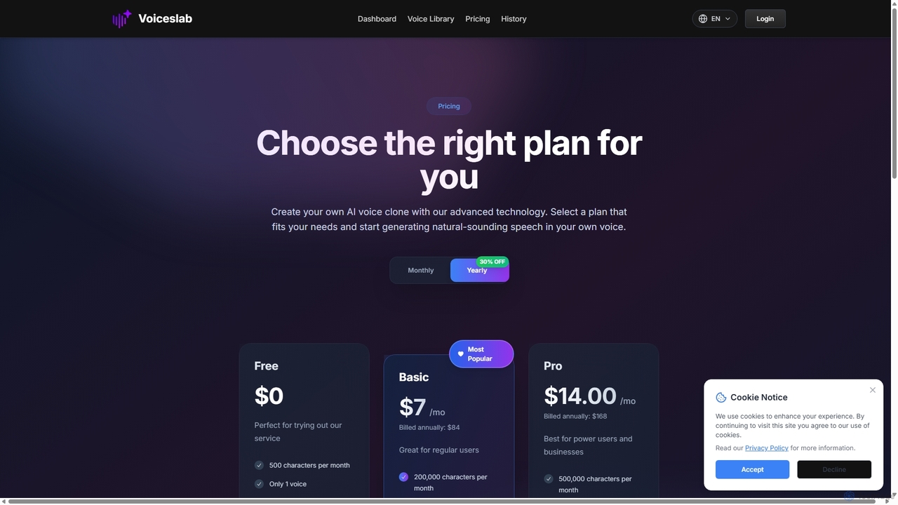 Pricing | Voiceslab AI - Intelligent Text-to-Speech Service for Voiceslab