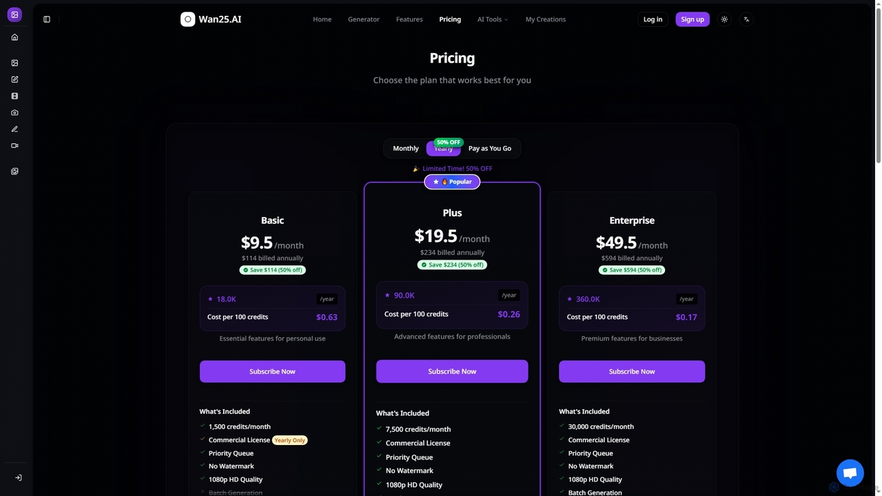 Pricing | Wan 2.5: Native Audio Like VEO3 + 1080p Video Generation - Wan25.AI for Wan25
