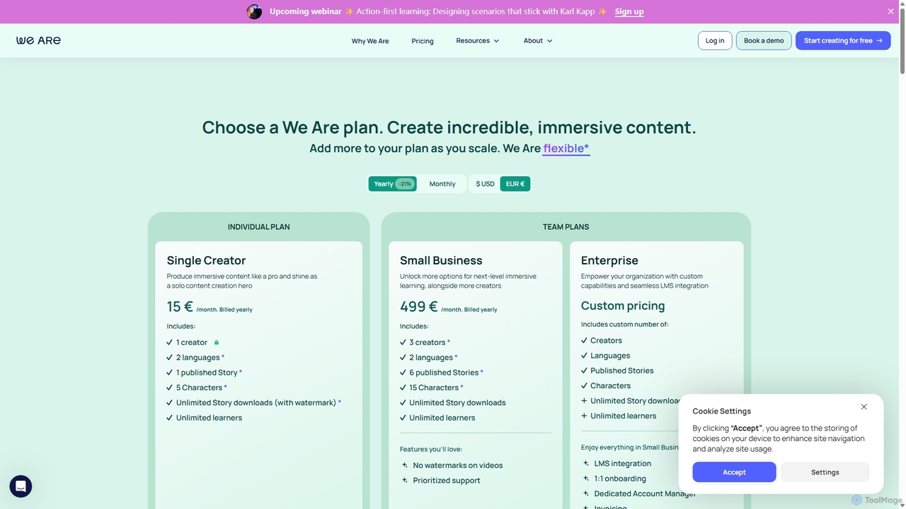 We Are Pricing | From $15/month to create immersive content with We Are Learning for Wearelearning