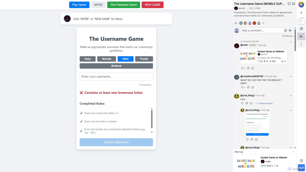 The Username Game [MOBILE SUPPORT] for Websim