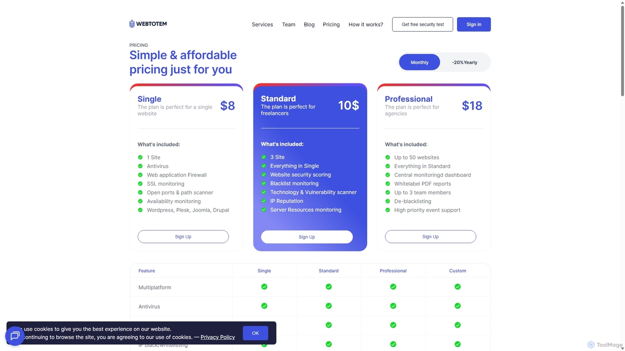 Pricing for your Security - Webtotem for WebTotem