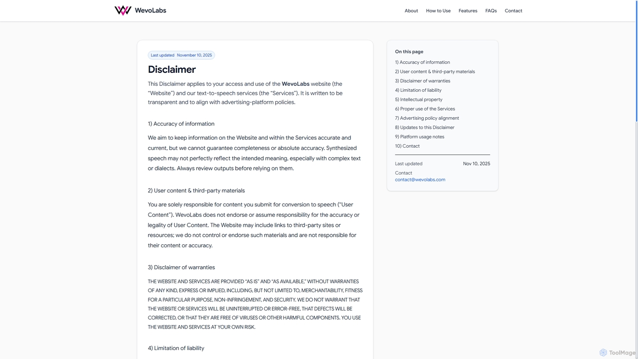 Disclaimer — WevoLabs for WevoLabs