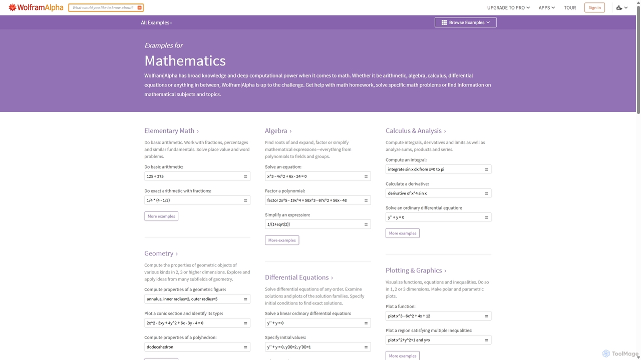 Wolfram|Alpha Examples: Mathematics for Wolfram|Alpha