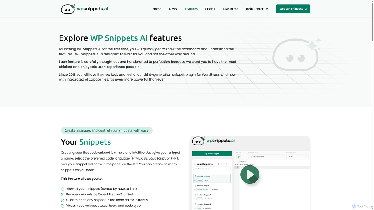 Features - WP Snippets AI for WP Snippets AI