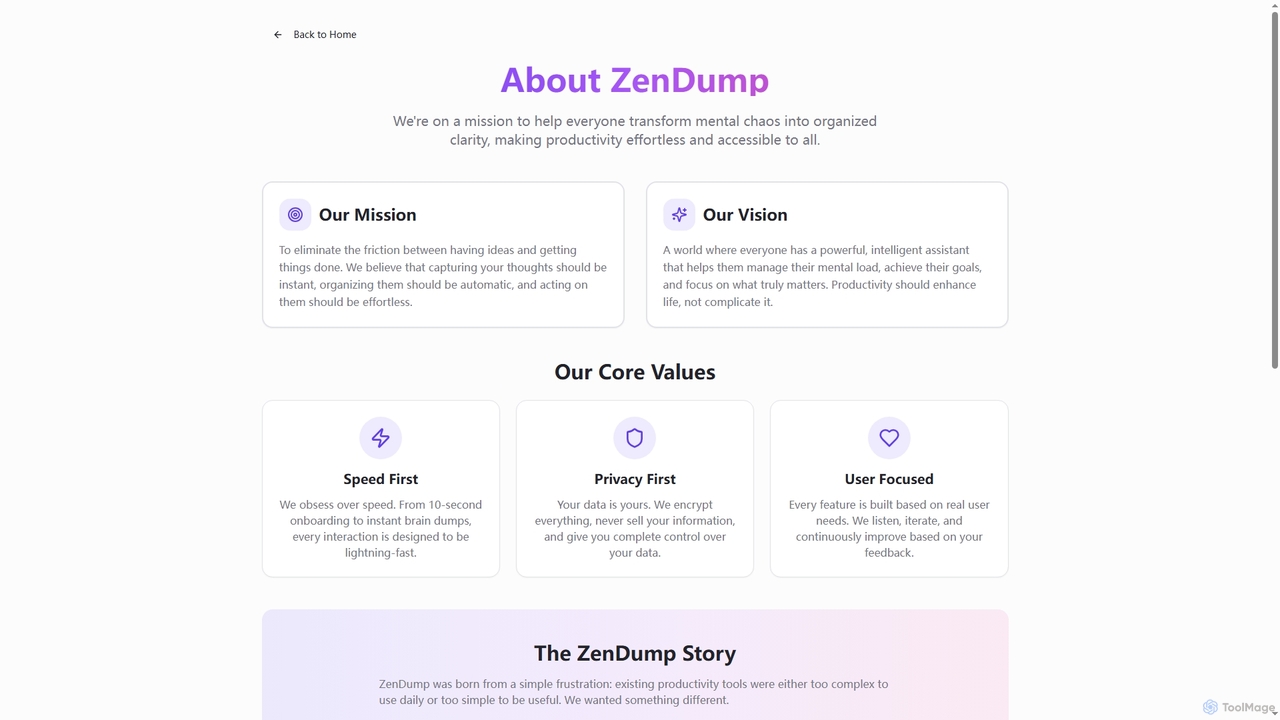 About ZenDump - AI-Powered Productivity Platform | Our Mission for ZenDump