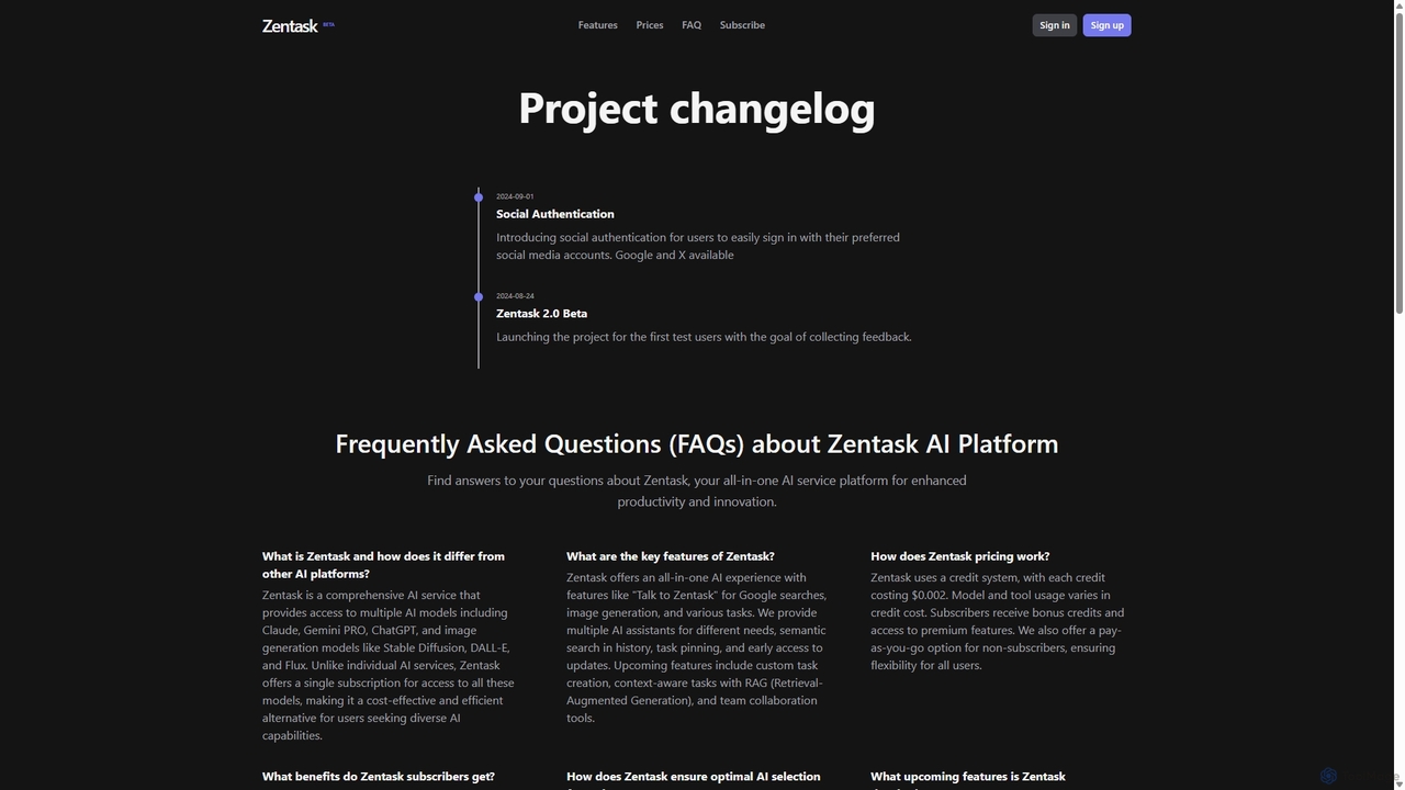 Project changelog for Zentask