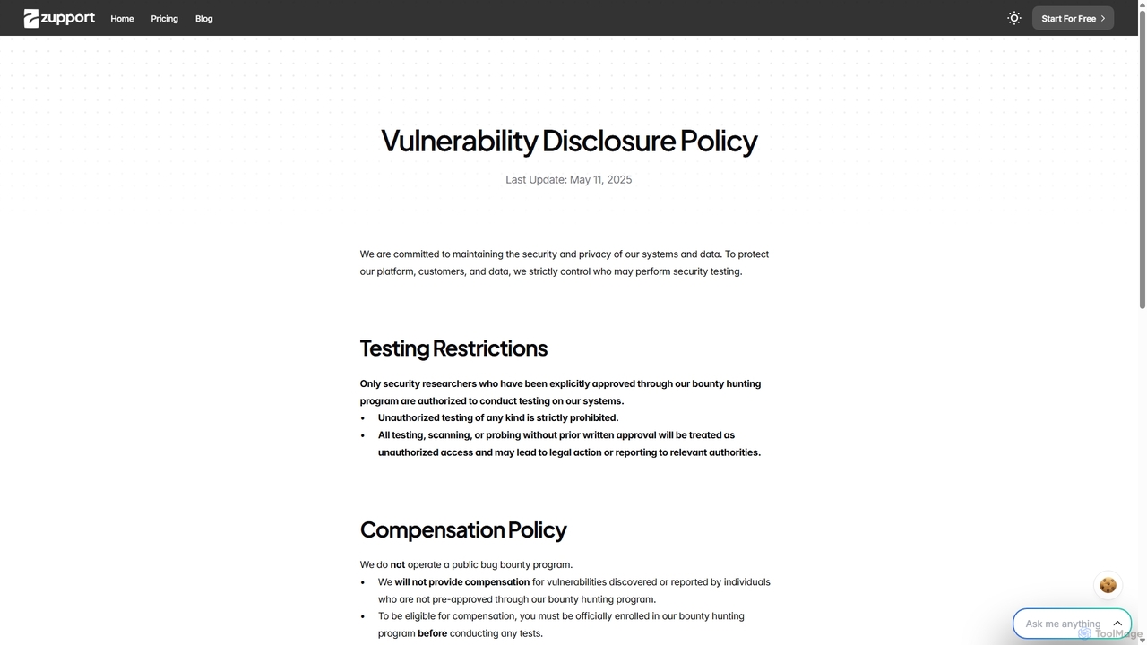 Vulnerability Disclosure Policy for Zupport